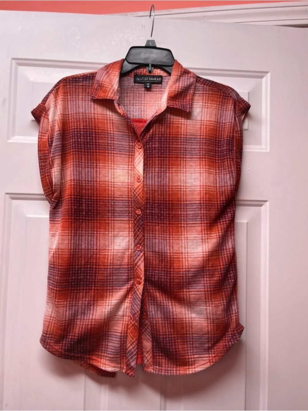 Almost Famous Orange and Red Plaid Button-Down Shirt